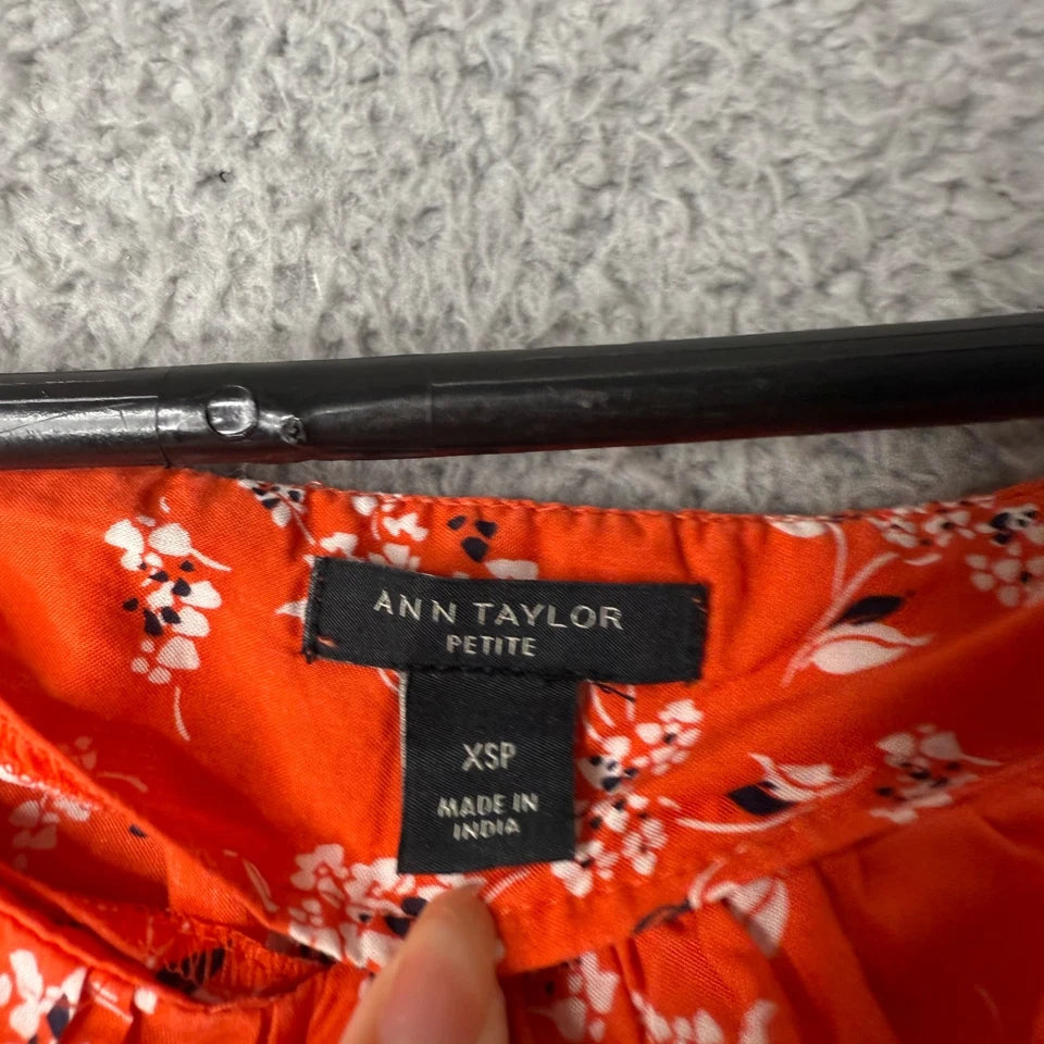Ann Taylor Petite Orange Floral Puff Sleeve Blouse — Women's XSP